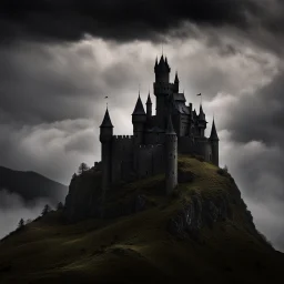 a black and menacing castle floating in midst air, hilly environment, cloudy sky