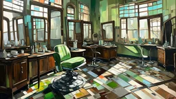 A contemporary painting of an empty Caribbean barbershop interior, mirrors reflecting fragmented spaces, barber chairs and patterned floors, sunlight entering through windows, muted pastel colors with vibrant accents, layered paint textures, a quiet nostalgic atmosphere, figurative yet slightly abstract composition, oil on canvas inspired by Hurvin Anderson