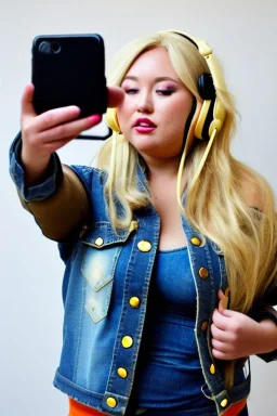 blonde taking selfie.thick thighs,thick calves,flat belly,curvy fell. NOVEL kind of bolero is sewed of recycled rough Denim, which condescends with integrated bag[SIC]. It is sewed together of camouflage pieces, whose color are all denim colors, orange, cream, brown and purple. Big colored headphones (gold rings!) is merged with small felt cap with small visor. It is with big bright purple felt tippet and birght-colored-hood is merged with colorful beanie. Style: 1980's Finland