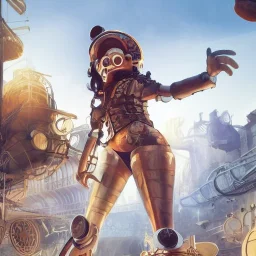 great illustrator, spanish, realistic rendering of a spanish cute girl, beautiful, steampunk style. Helmet with tubes. Mouth with tubes. Machinery in the background. robotic bird flying. High details. 4k. unreal engine, sunset