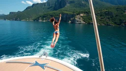where a skilled female diver performs an impressive dive into the water, executing twists and turns mid-air. The description should capture the elegance of the ship, the beauty of the surrounding landscape, and the gracefulness of the diver's movements.