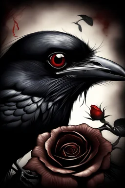 raven with big eyes, dead rose, skinny man with big eyes crying, Burtonesque style, film poster, THE RAVEN (title)
