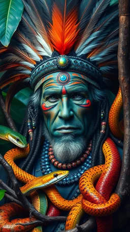 old shaman wearing a feather headdress. psychedelic third eye in the middle of the forehead. face and body covered in paint. protruding from nature, surrounded by tropical animals, colorful snakes, branches, photorealistic leafy trees