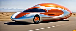 award winning car and driver photograph of a futuristic station wagon dirigible hybrid designed by only one vehicle per image painted metallic orange traveling at a high rate of speed, jet intake off of front center of vehicle and jet exhaust out the rear with bright blue flame, bilaterally symetrical, more a high speed road vehicle