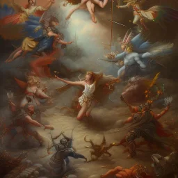 The battle of angels and demons, a painting with detailed and complete details, full HD resolution, 4K, 8K, 16K, a work of art and magic, realism, 3D, voluminous, symmetrical