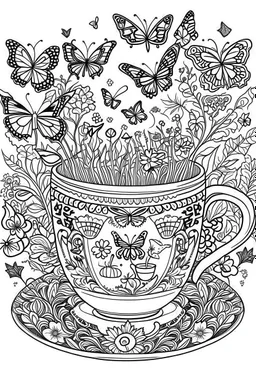 Outline art for coloring page, AVANT GARDE DRAWING TEACUP SET IN A GARDEN OF BUTTERFLIES, coloring page, white background, Sketch style, only use outline, clean line art, white background, no shadows, no shading, no color, clear