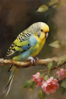 oil painting, by Richard Schmid, ((best quality)), ((masterpiece)), ((realistic, digital art)), (hyper detaile), oil painting, Masterpiece, intricate details, close up, head and shoulders painting of an English budgie, perfect feet, perfect toes