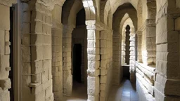 Revoltijo ordenado de nichos excavados en piedra caliza con proporciones similares, corredores excavados comunicando las cavidades, solo algunos habitáculos muestran señales de ocupación, estética monástica contemporánea.