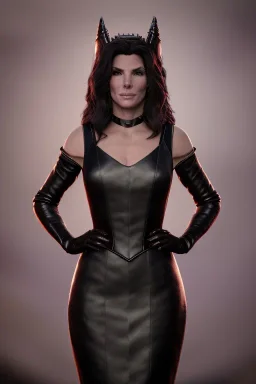 Sandra Bullock as evil queen in black leather gown, cleavage, angry, dominaneering, stern look unreal 5, octane render,cinema4d, dynamic lighting, dramatic lighting, 4k, redshift render, highly detailed, hyper realistic