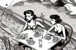 Maximalist chaotic two girl at table on the beach, birds eye view, illustrated by hergé, style of tin tin comics, pen and ink