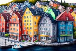 Colored pencil drawing, Very detailed, Drawing of the colorfull houses in the city Bergen in Norway. Colorfull, professional, detailed, pencil strokes, calm composition, zoom out.