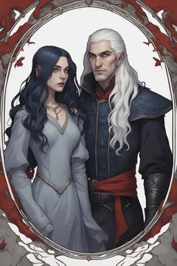 A couple, from the dnd game curse of Strahd. The woman has long white hair and blue eyes, the man has LONG BLACK hair and red eyes, no facial hair.