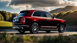 A sleek rear view of (((a cross of Rolls royce cullinan and super tuner))), on street, with hill and trees around, a beautiful clouds and sunny weather, 4K, Superdetailed, No mistakes