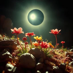 A striking photograph close-up captures a hyperrealistic odd land with group of plants and glossy material, adorned with rocks. Kodak Ektachrome film. Magnificent flowers. Henri Rousseau. Volumetric light. Bathed in intense light, eerie, giant black sun, 8k, deep 3d field, odd flowers, rock formations, strong texture, extreme detail, rich moody colors, sparkles, 33mm photography, details of the flowers and rocks very accentuated