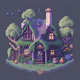 A comfy witch house with garden, pixelart