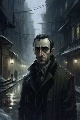 illustration, portrait, half bust, the strange case of Wifi lost ground, night, dark, noir, wet hair, detective, cold, winter, mistery, rain, suspence, thriller, crime, murder, alley, fog, dust, litter, looking at the camera