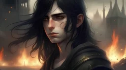 /imagine prompt: realistic, personality: [ boy with long black hair , big black sharp eyes , handsome watch big land burning and there is a war ] unreal engine, hyper real --q 2 --v 5.2 --ar 16:9