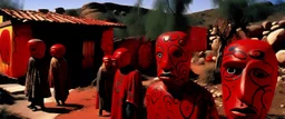 A dark red village with chili peppers designed in African masks painted by Andy Warhol