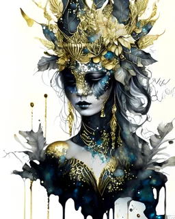 Aquarelle young beautiful woman pouring liquid Golden ink and black portrait árt, woman adorned with botanical foliage and white floral Golden and black and white fluid aquarelle headdress voidcore shamanism headdress and masque rococo style costume floral filigree embossed aquarelle ribbed with. Mineral azurite, agate, obsidian onix ribbed costume organic bio spinal ribbed detail of rocco garden aquarelle art background extremely detailed hyperrealistic maximálist concept art