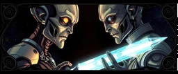 Close-up confrontation between an ancient alien outcast leader synth and a space broker, standing only a meter apart, intense eye contact, glowing crystalline rod between them, anger mixed with sadness, dramatic facial expressions, shallow depth of field, cinematic lighting, stylized 3D anime, airbrush painting, crisp outlines, escher , rembrandt and hr giger, black swirly border with sacred geometry, characters drawn in front of border