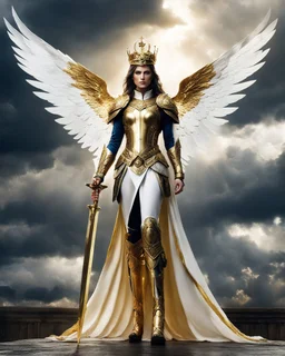 Length image An photography epic and realistic photography full body image of, a beautiful queen, a film character with large white wings, holding a shining golden sword, wearing colors armor with gold details,luxury booth shoes, against a background of a cloudy sky with sunlight breaking through the darkness clouds,thunderstorm, in a stand dramatic pose, looking like a hero ready for an epic adventure.