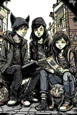 Act like a book cover designer. Use graffiti style. Three teenagers (13-15 years old) - two boys and a girl with a grimy black cat. Environment: old town.