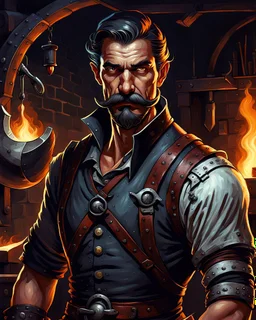 D&D, blacksmith, handlebar mustache, human, dark fantasy art style, not handsome