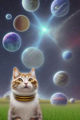 Can you imagine a world where even cats can explore the vastness of space? Well, behold the image of a feline astronaut enjoying a snack of grass while floating among the stars. Let your imagination run wild as you picture this cosmic kitty, and who knows, maybe one day we'll see it become a reality! Make sure the cat is enjoying some grass!