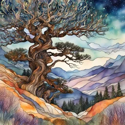 random watercolor Zentangle patterns in the styles of Gustav Klimt ,Wassily Kandinsky, Alphonse Mucha, and Kay Nielsen that depicts an ancient twisted Bristlecone Pine at a high Rocky Mountain plateau , with fine ink outlining