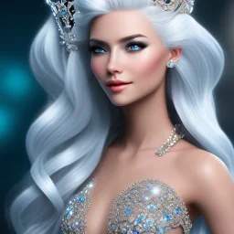 Ice Princess with white hair smilling, a crown with precious stones, bright background