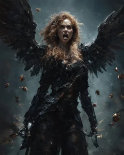 horror, swarming mechanical robotic insects, screaming woman, broken wings