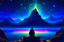 A fortress . meditating monk sitting with his back in the door to heaven, galaxy, infinity, space, water , statue , sci-fi, An otherworldly planet, bathed in the cold glow of distant stars. The landscape is desolate and dark, with jagged mountain peaks