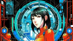 An illustration by Kuniyoshi and Miyazaki of a tech-girl inside a futuristic matrix-grid.