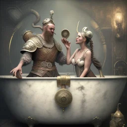 A viking and his wive having a bath, scary, steam punk, realistic, made in octane, cinematic, ultra-realistic, extremely detailed octane rendering, 8K, VRAY Super Real ar 2:3, dof photorealistic futuristic 50mm lens hard lighting dark gray tintype photograph, realistic lighting, sepia color