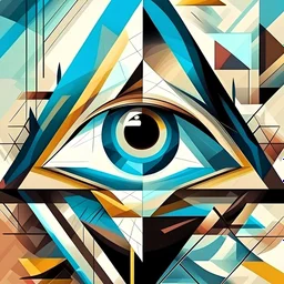 Art composition for art gallery, wall decoration or interior design. Transparency geometrical background. Eye inside a triangle. Cover design template for presentation, poster, cover or brochure.