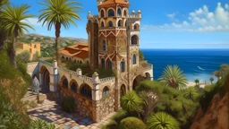 "Spanish Catalan moorish castle, Antonio Gaudi architecture, warm and bright tiles, sunny and bright, hyper-detailed, tropical plants, photorealism, by andrea palladio, overlooking the ocean,"