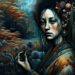 Richly textured Hieronymus Bosch, Catrin Welz-Stein, William Turner, Zdzisław Beksiński, Jacek Yerka oil on canvas zentangle line art style mix, surreal frosted fantasyland winter oceanscape, hoarfrost on trees, high grasses, snow and cottages, withered flowers, pale sunrise; paint splatter, beautiful vibrant colors, reflections, SK, flying seagulls, dramatic clouds, snowfall.