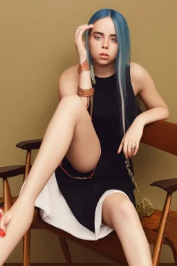 Billie Eilish, sitting on a chair, Black Short Dress, high detail, realistic