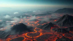 aerial view of a landscape covered in ash and grease that looks futuristic with futuristic lighting, horizon, realistic rendering