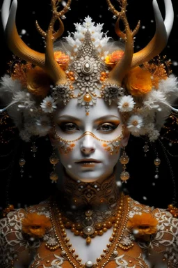 Woman humanoid reindeer queen portrait with extremely textured skin and Golden dust white floral crown and fur, adorned with white and light ginger berry colour snowy leaves and snow flblack. Orchid with small seapearls ornate crystal lace, wearing pearl black lace effect Halloween costume and masque Organik bio spinal ribbed detail of snowy orange candle athmoshpheric full. Ornate floral background white spider web and a pumpkin around extremely detailed hyperrealistic maximálist concept ar 64K