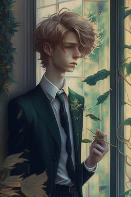 beautiful Twink boy with pretty hair. he is gay and smoking behind window while looking outdoor trees. His in a full official suit