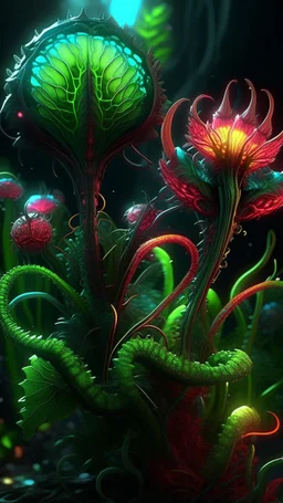 "3D HR Complex Unique and Beautiful Bioluminescent Carnivorous Plants, a breathtaking frontier fantasy artwork by Android Jones, Jean Baptiste monge, Alberto Seveso, Erin Hanson, Jeremy Mann. Minimalist highly detailed and complex professional_photography, masterpieces, 8k resolution concept art, Artstation, tricolor, Unreal Engine 5, cgsociety" Highly detailed ArtStation Concept Art Clear Focus Smooth cinematic 4K epic Details Serious Stoic ARTgerm AN's mature art. Bosch painting style,Busch