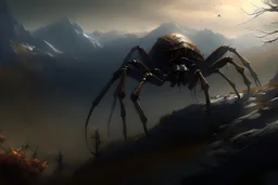 risige Arachne auf einen berg in einer fantesy welt mit spinen umringt