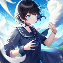 Clear focus,High resolution, Black short fluffy hair, and blue eyes, wearing a sailor uiform, Wind magic