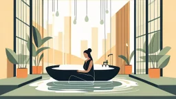 modern flat A Zen bath featuring a bamboo water feature and polished limestone floors. An East Asian adult female is meditating on a soft carpet in front of the fountain, while a Black woman sits in a corner reading a novel. Bright natural light filters in, enhancing the calming ambiance. vector style illustration