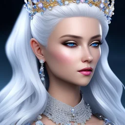 Ice Princess with white hair, a crown with precious stones, bright background