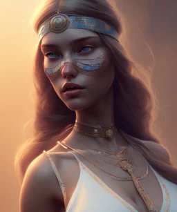 Gipsy, beautiful, curvy body, white fabric dress, beautiful long hair, bandana, head and shoulders portrait, holding tarot card, 8k resolution concept art portrait by Greg Rutkowski, Unreal Engine 5 volumetric lighting