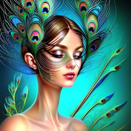 Painting of a woman with peacock feathers on her head, exquisite digital art, beautiful digital art, contemporary digital art, excellent digital illustration, amazing digital art, beautiful digital art, art deco painting, digital art of elegant and beautiful digital artwork, futuristic art, painting Elegant digital, elegant lady, girl with feathers, elegant woman, artistic digital art