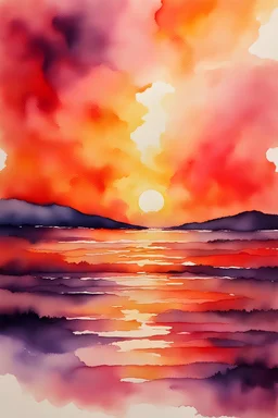 Watercolor, abstract, impressionist, not much detail patterns: A fiery sunset captured in abstract brilliance, featuring warm tones blending effortlessly, casting a glow that ignites the page with passion and warmth, perfect for those seeking a burst of energy in their coloring journey.