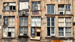 This is a mixed-media artwork depicting a collage of windows and architectural details of an old building. The composition creates a fragmented and layered impression of urban decay and history.